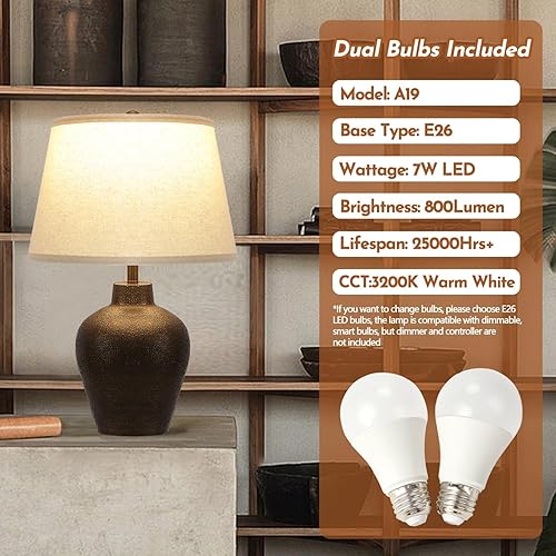 Miniatura 5 de Juego de 2 lámparas de mesa rústicas de granja para dormitorio, sala de estar, mesa auxiliar, color marrón oscuro, terracota, lámparas de mesita de