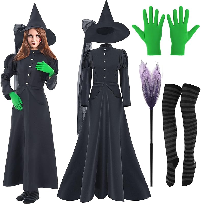Disfraz de bruja de Halloween para mujer, conjunto de vestido de mago con sombrero, escoba, medias a rayas, guantes de LICRA para fiesta de disfraces, 5 uds.