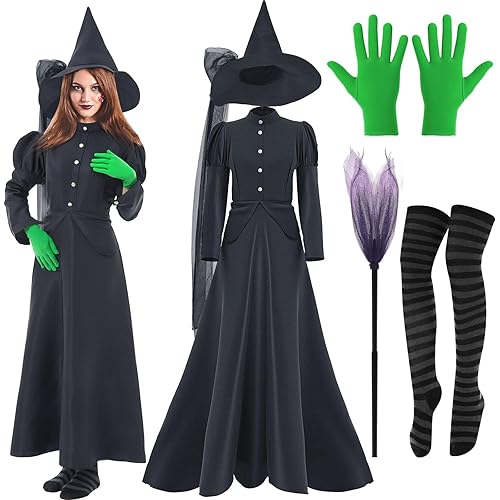 5Pcs Witch Halloween Costume Women Wizard Dress Set with Hat