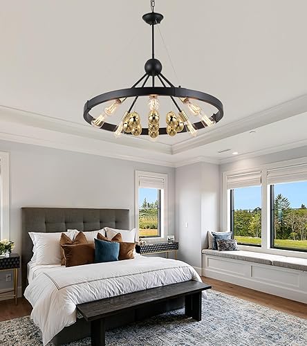 Miniatura 6 de Q&S Candelabro de rueda de vagón negro y dorado, 8 luces modernas de granja, círculo redondo, huevos dorados, accesorios de luz para comedor, sala