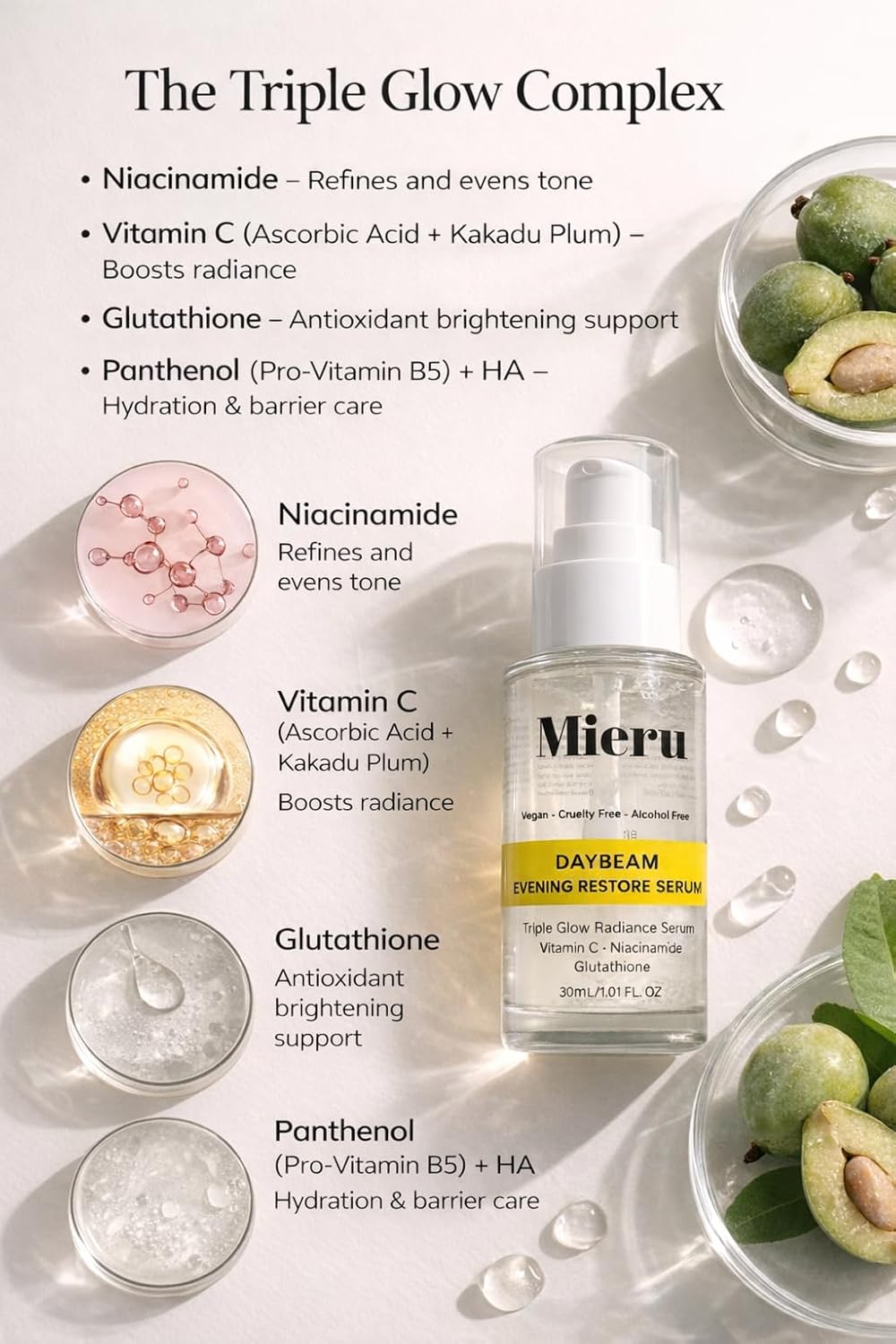 MIERU Day Beam Brightening Serum with Glutathione & Ceramides – Overnight Dark Spot Corrector for Face, Hyperpigmentation Treatment & Radiant Skin Night Serum, 1oz