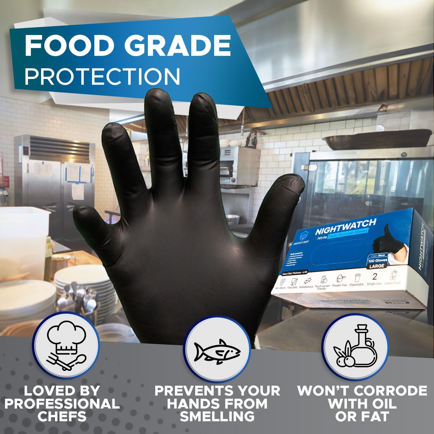 Nightwatch Nitrile Black Disposable Food Safe Gloves, 6 Mil, S-XXL