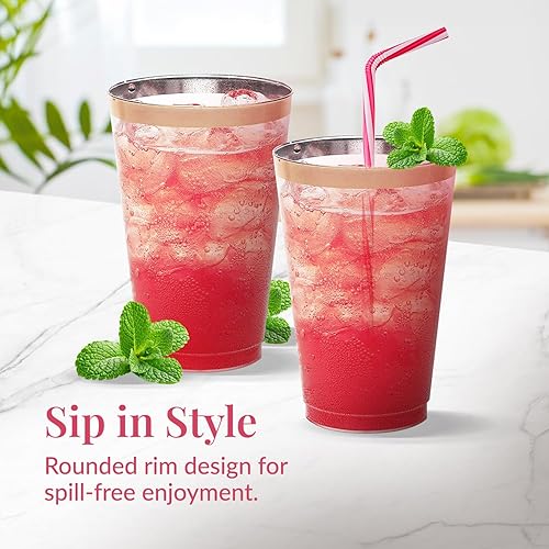 Miniatura 2 de Prestee Vasos de plástico con borde de oro rosa, 14 oz. Paquete de 50 vasos de plástico transparente duro, vasos desechables para fiesta, vasos de