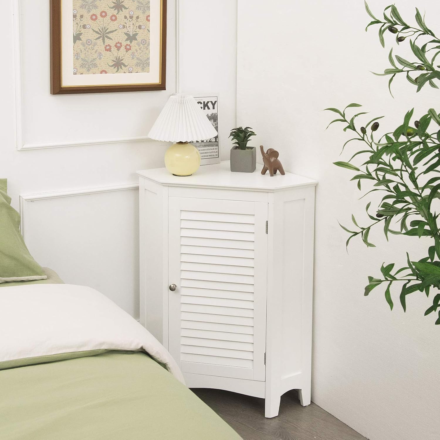 Tangkula Corner Bathroom Cabinet with Single Shutter Door & 2 Shelves, Freestanding Floor Corner Cabinet, Home Storage Cabinet for Bathroom Kitchen Living Room (White)
