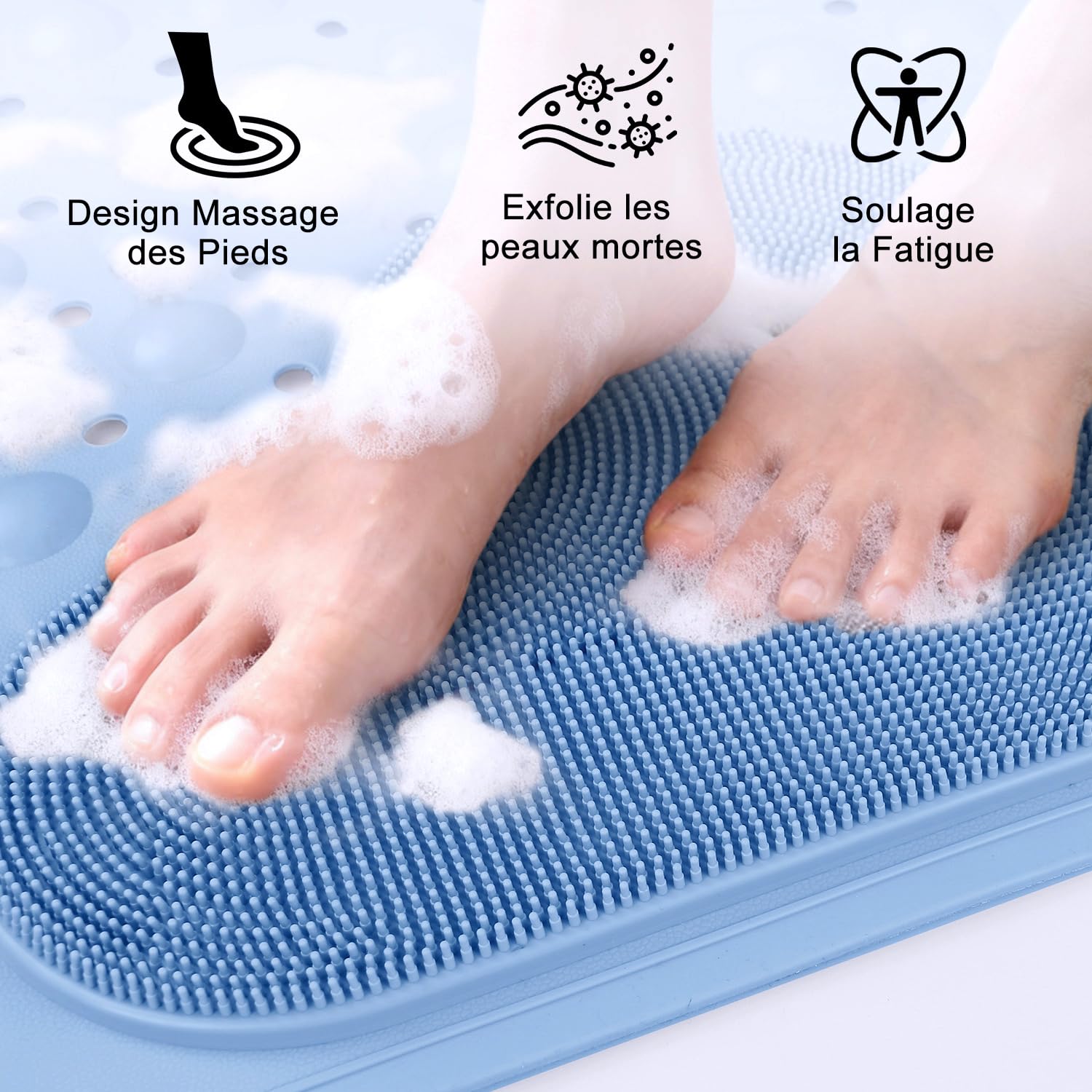 Tappetino da doccia antiscivolo 60 x 90 cm, grande tappetino da doccia in TPE, tappetino da bagno con ventose e fori di drenaggio, tappetino da bagno massaggiante per i piedi, morbido al tatto (blu)
