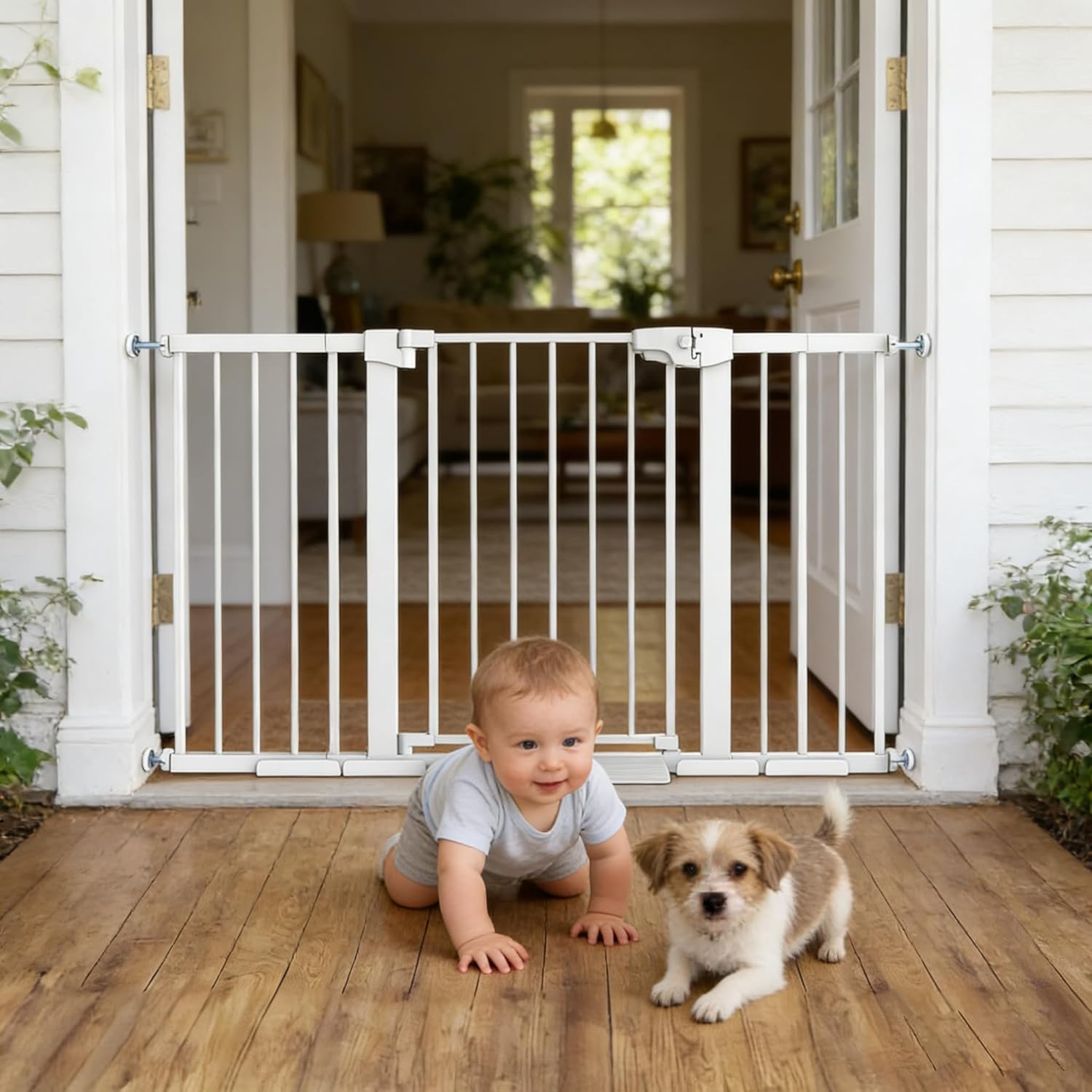 Easy Step Walk-Thru Baby Gate – Adjustable Safety Gate for Babies & Pets, Pressure Mount Kit, Includes Wall Cups – 29.7-48.8W x 30.5H, Auto-Close White