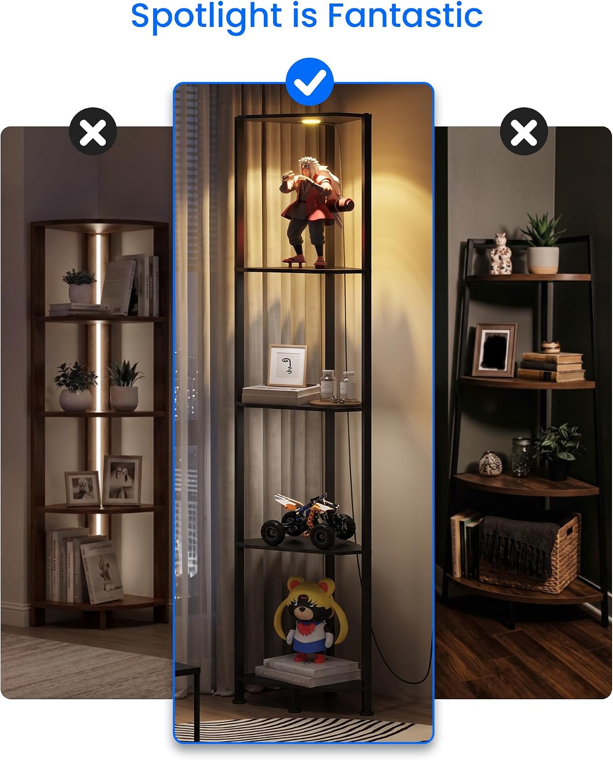 65" Tall Corner Shelf with LED Spotlight, 5-Tier Industrial Display, Black