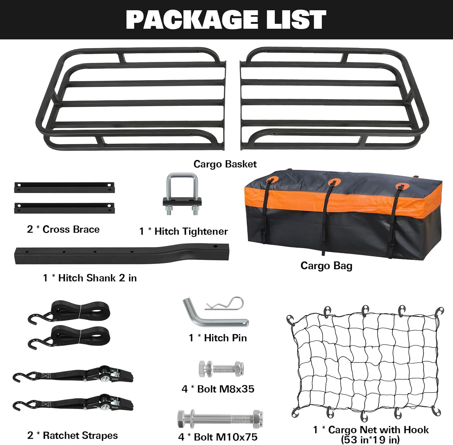 WEIZE 53" x 19" Hitch Mount Cargo Carrier Basket 500LB Capacity with Hitch Stabilizer, Waterproof Bag, Net & Straps, Fits 2" Receiver for Car SUV, Steel Construction