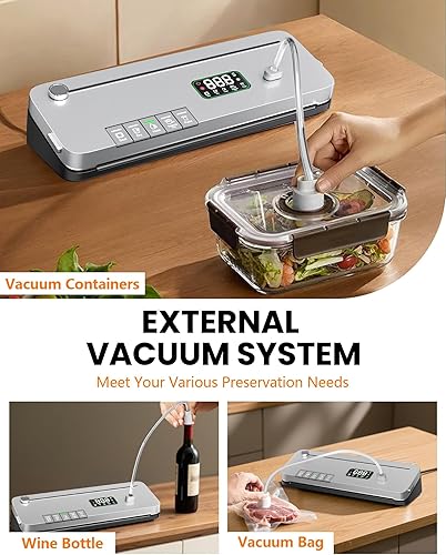 Miniatura 5 de Máquina selladora al vacío, máquina de sellado de alimentos 6 en 1, succión fuerte de 75 Kpa, con temporizador digital, cortador externo, modo de