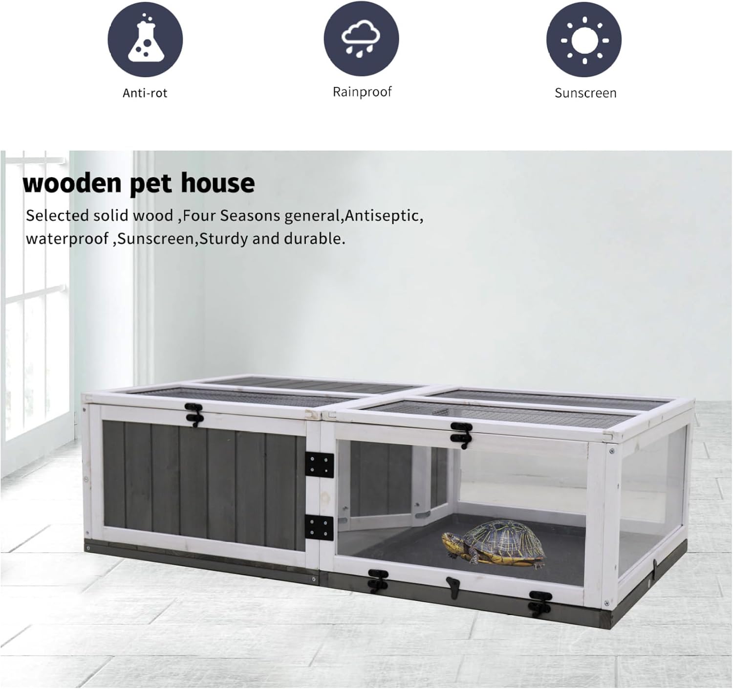 Turtle Cage Indoor Outdoor, 43" Reptile Habitat Wooden Tortoise House with Acrylic Enclosure & Waterproof Trays, Lizard Gecko Snake Small Animal Cage