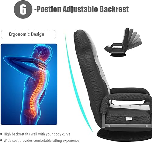 Miniatura 26 de Giantex Silla de suelo, silla giratoria de 360 grados con respaldo ajustable, soporte lumbar, reposabrazos, sofá mecedora plegable para TV, lectura,