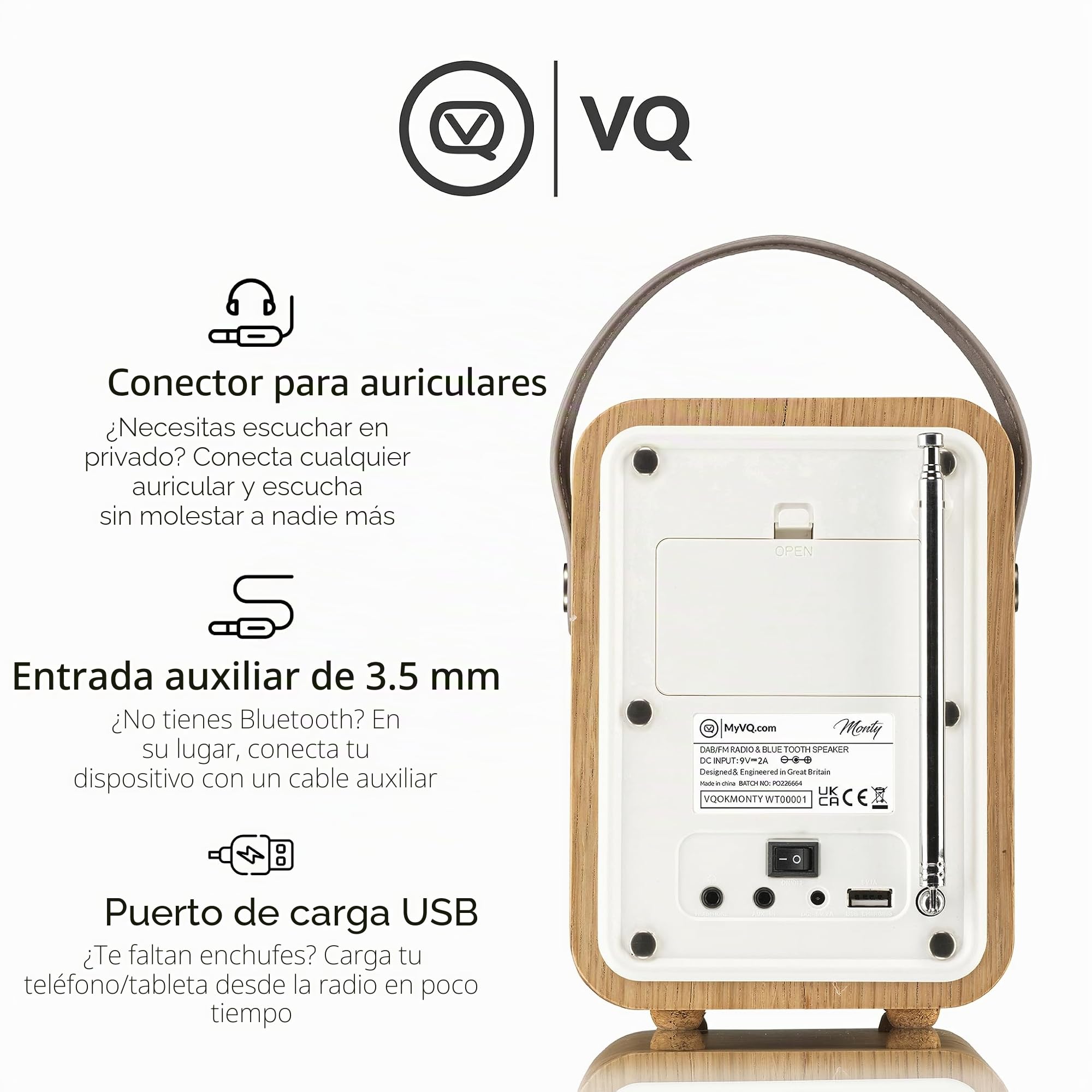 VQ Monty Radio Digital Dab+/Dab con Bluetooth, FM y Función de Radio-Despertador - Alimentada por Corriente y Batería Radio Portatil con Antena, Clavija para Auriculares y Puerto Usb - Roble
