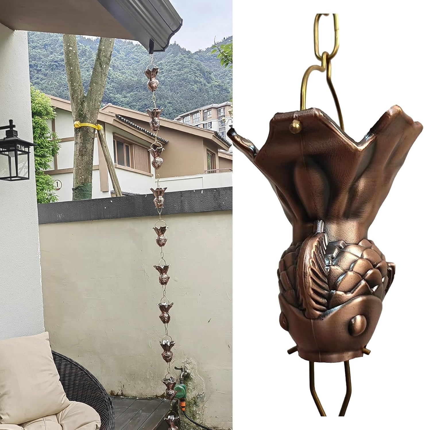 Rainwater Chain，Drainage chain Rain Chain Copper Fish Rain Chains for Outside, style Eaves Water Diversion Gutters, Temple Villa Rain Guide Heavy Rain(240cm (8ft))