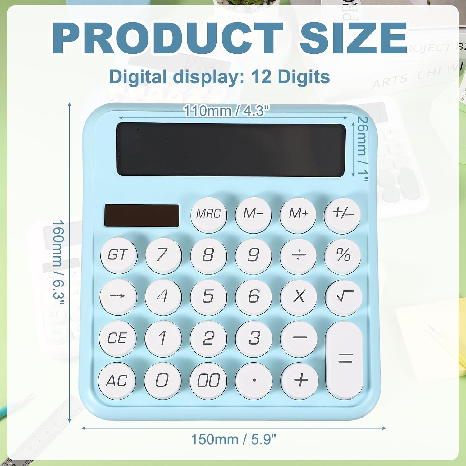 PATIKIL Cute Calculator, Desk Calculator Basic Big Button 12 Digit Large Display Mechanical AAA Battery Solar Power for Office Supplies Girl Female Woman Gift, Blue