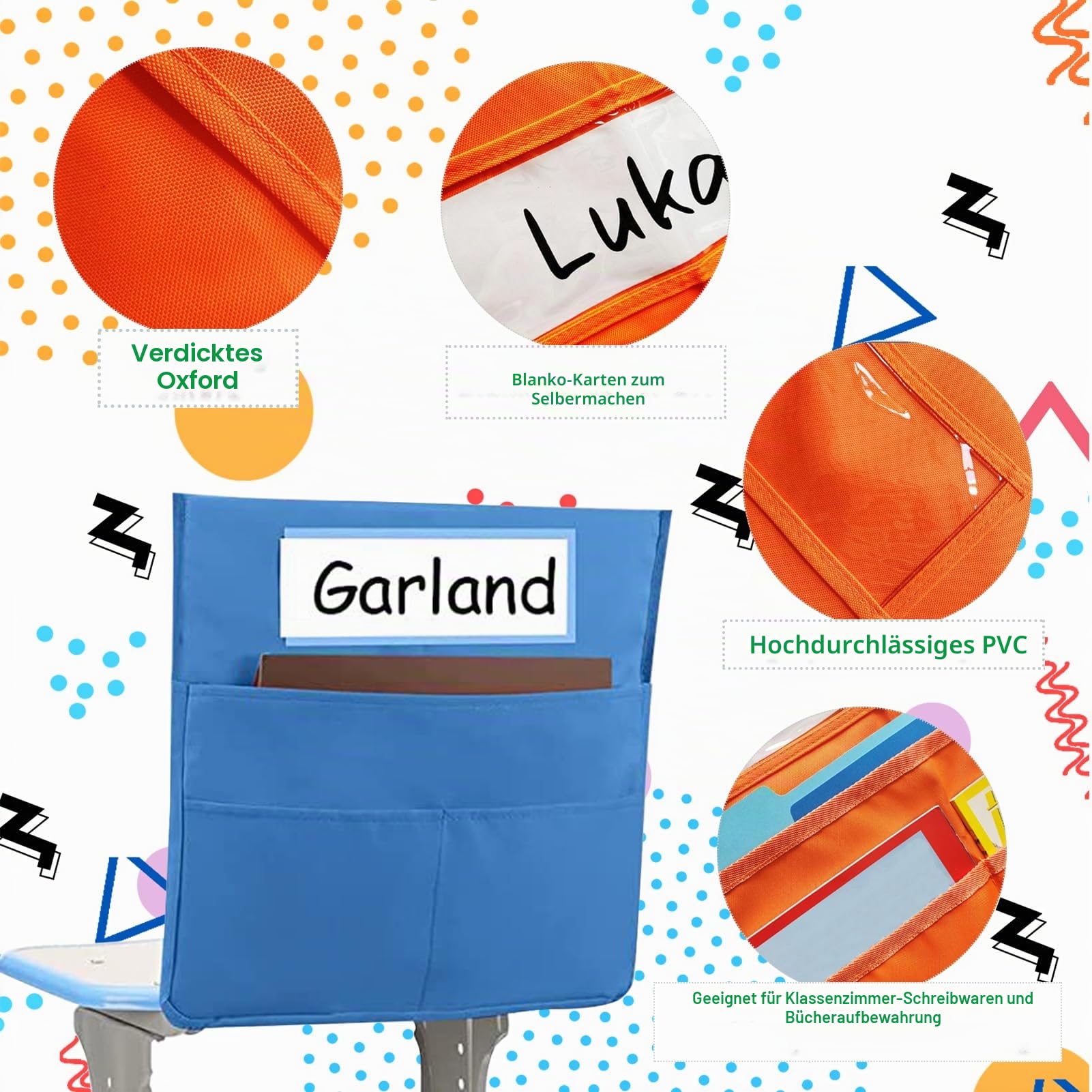 12 Stück Stuhl Organizer für Schule, 40 x 46 cm Stuhltaschen für Klassenzimmer Sitz, Stuhl Aufbewahrungstasche Stuhllehnen Taschen mit Namensschildern für Kindergarten, Schule, Zuhause, 6 Farben