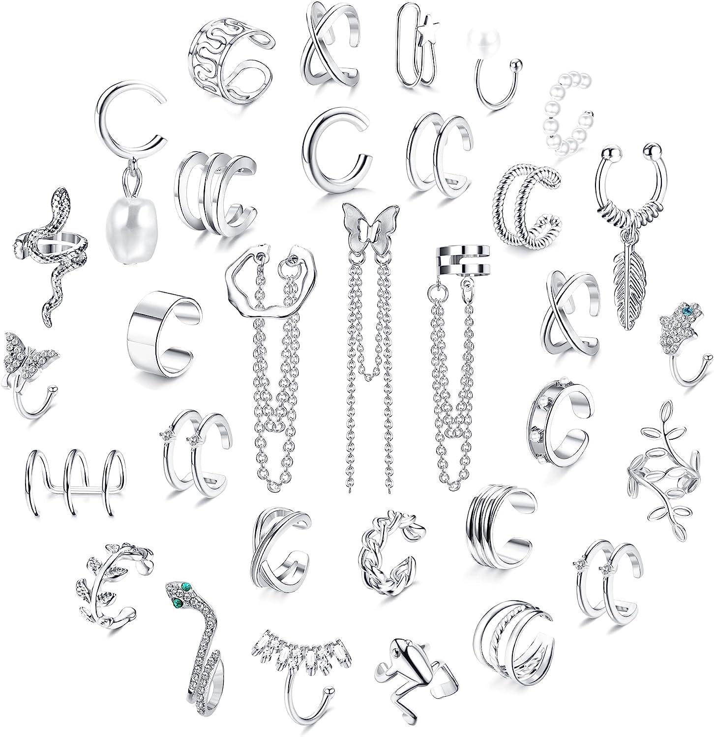 Diamday 32PCS Ear Cuff Pendientes Juego Clip Pendientes No Piercing Cartílago Cadena Pendientes para Mujeres Ajustable Serpiente Mariposa Clip Orejas Set Falsos Helix Sin Agujero Ear Cuff