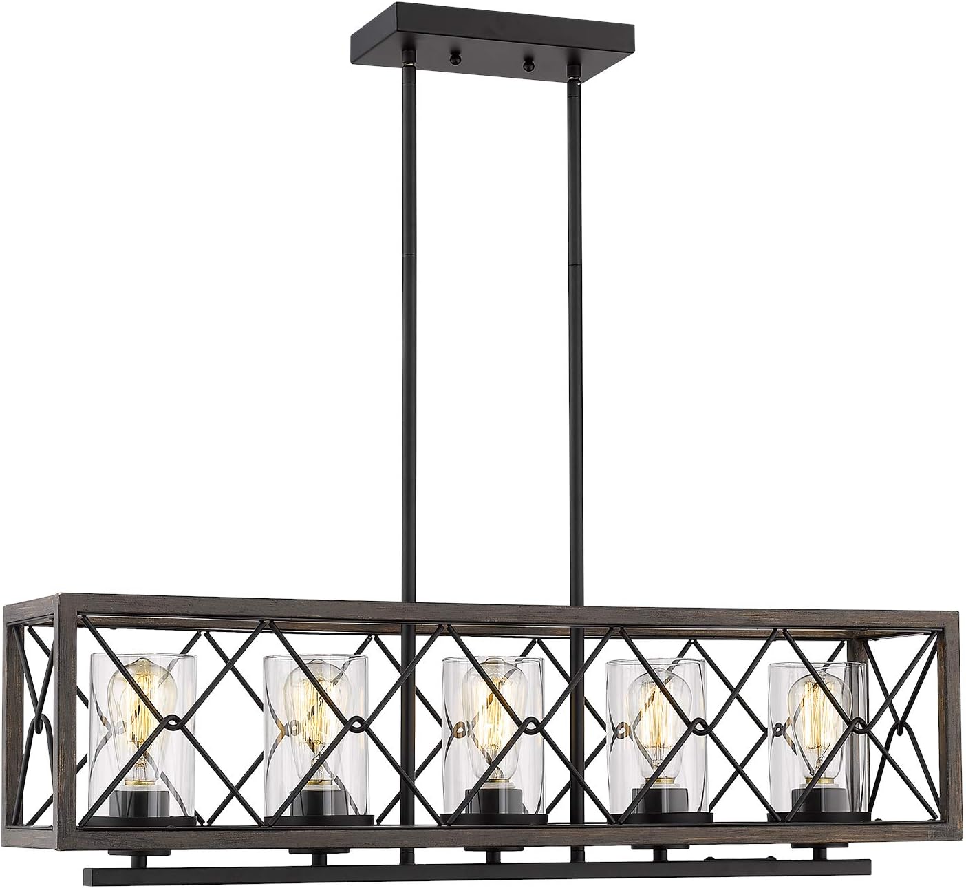 zeyu 5-Light Kitchen Island Lighting, Farmhouse Pendant Lighting with Clear Glass, Wood and Black Finish, 011-5 WF/BK