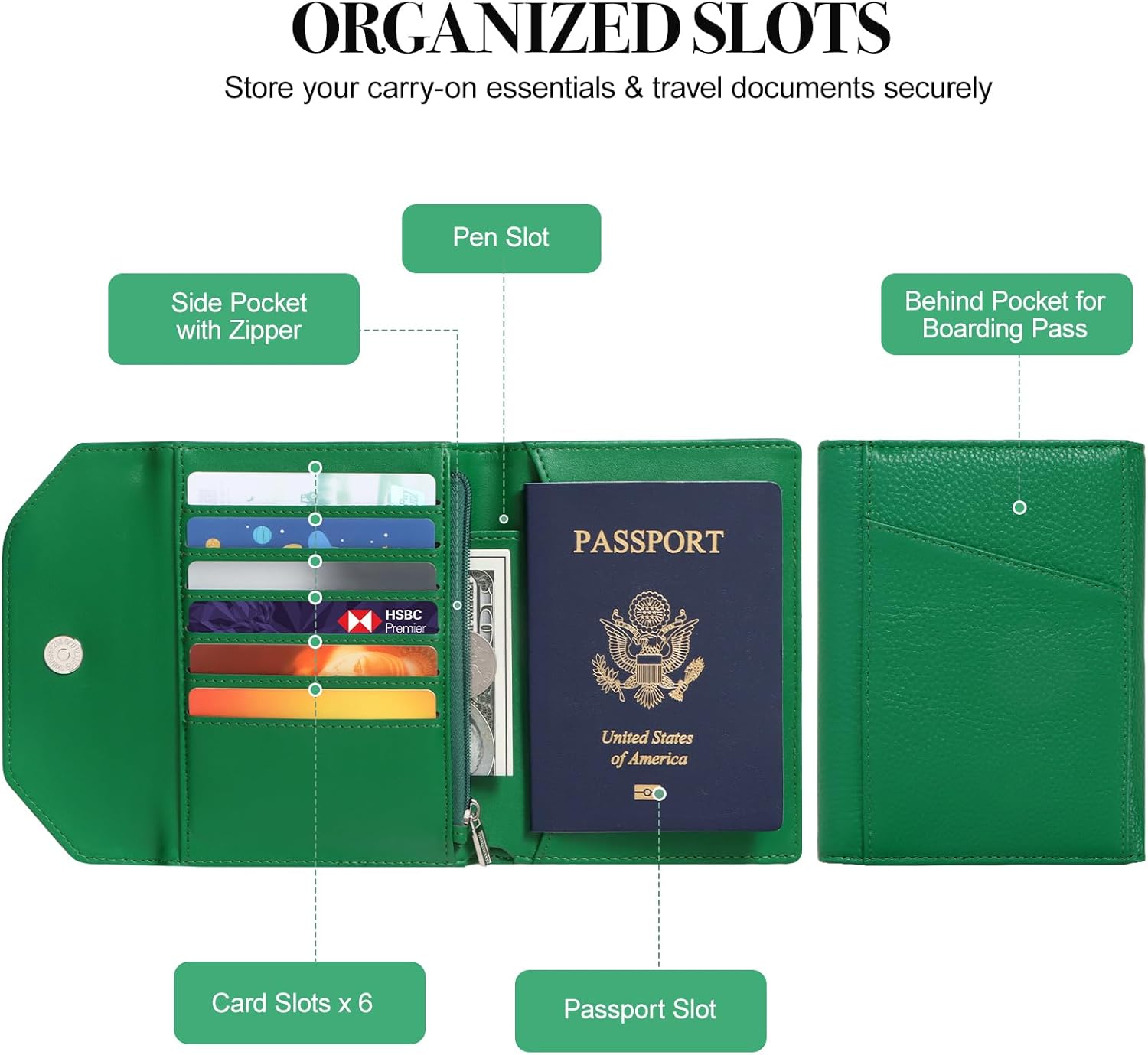 Leather Passport Holder for Travel,Rfid Passport Holder Protect Your Card Security,Passport Book Holder for Women,Travel Wallet with Cards & Pen Slots,Boarding Pass,Zipper Cash Pocket(Green) - Image 4