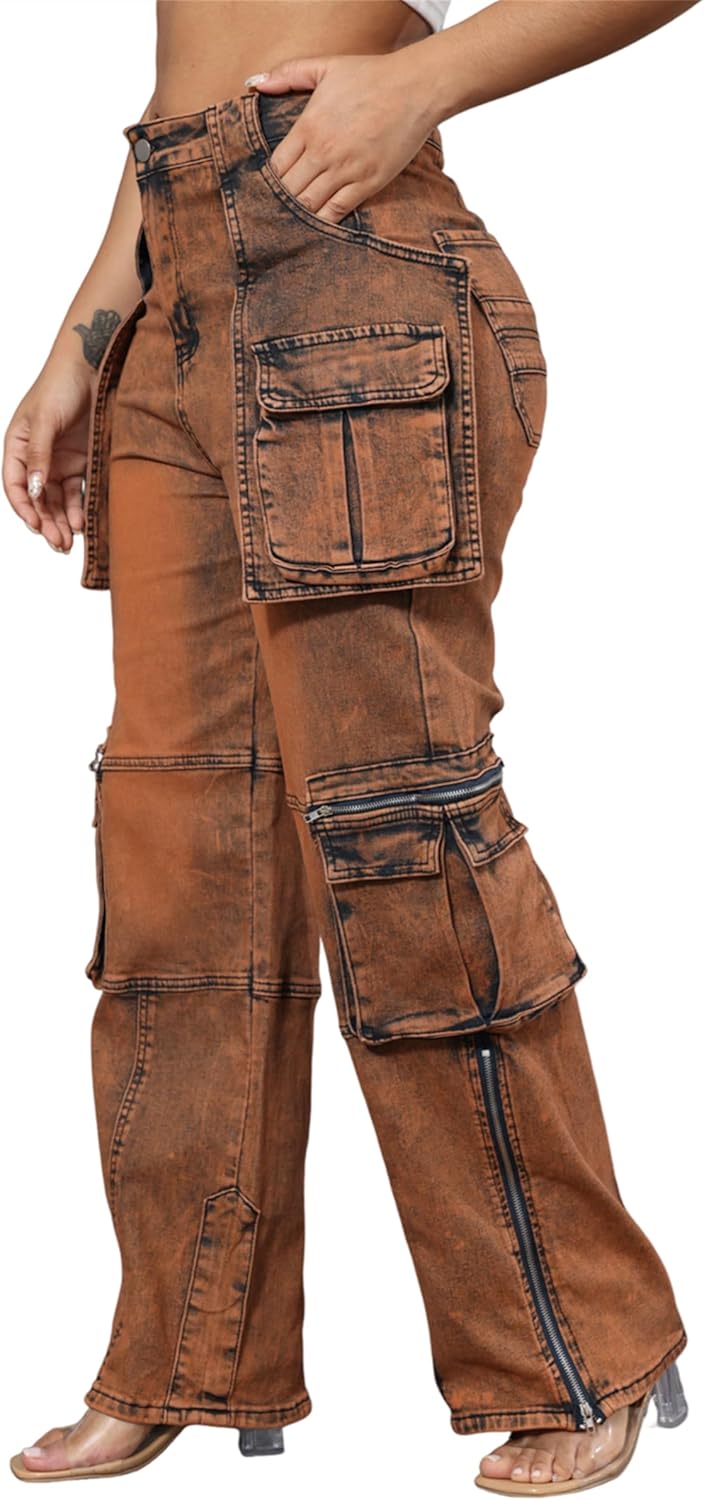 Women's High Waist Baggy Cargo Jeans Zipper Side Slit Straight Wide Leg Stretchy Denim Pants Y2K Streetwear with Pockets