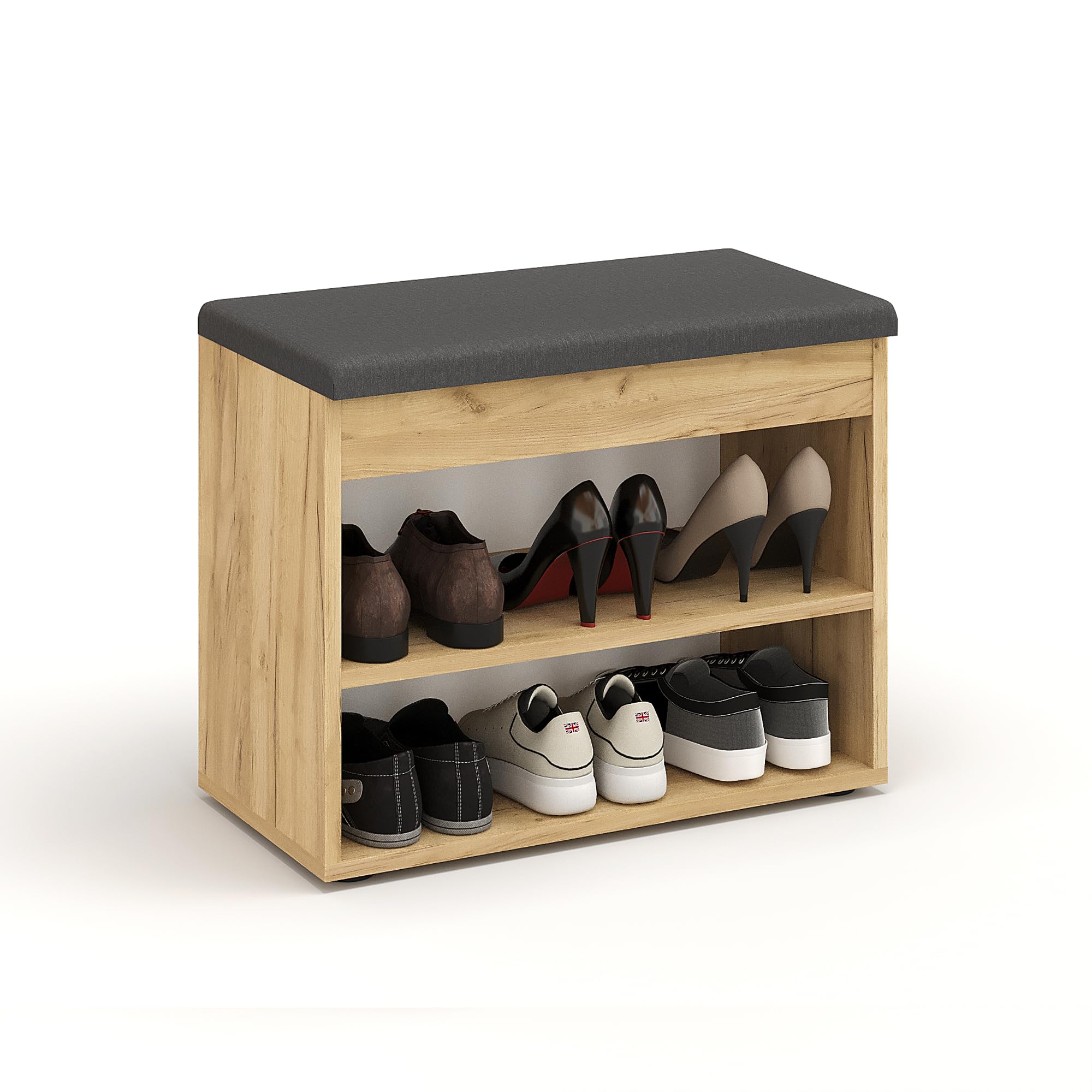 Komto Banc à Chaussures avec Assise Rembourrée – Meuble de Rangement Chêne Miel 60 x 48 x 32 cm pour Entrée, Couloir ou Chambre, Rangement Compact avec Coffre