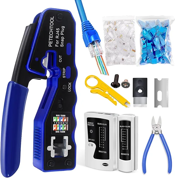 RJ45 Crimp Tool Pass Through Ethernet Crimper for Cat6 Cat5e Cat6a Connectors All-in-One Cat6 Crimping Tool Kit