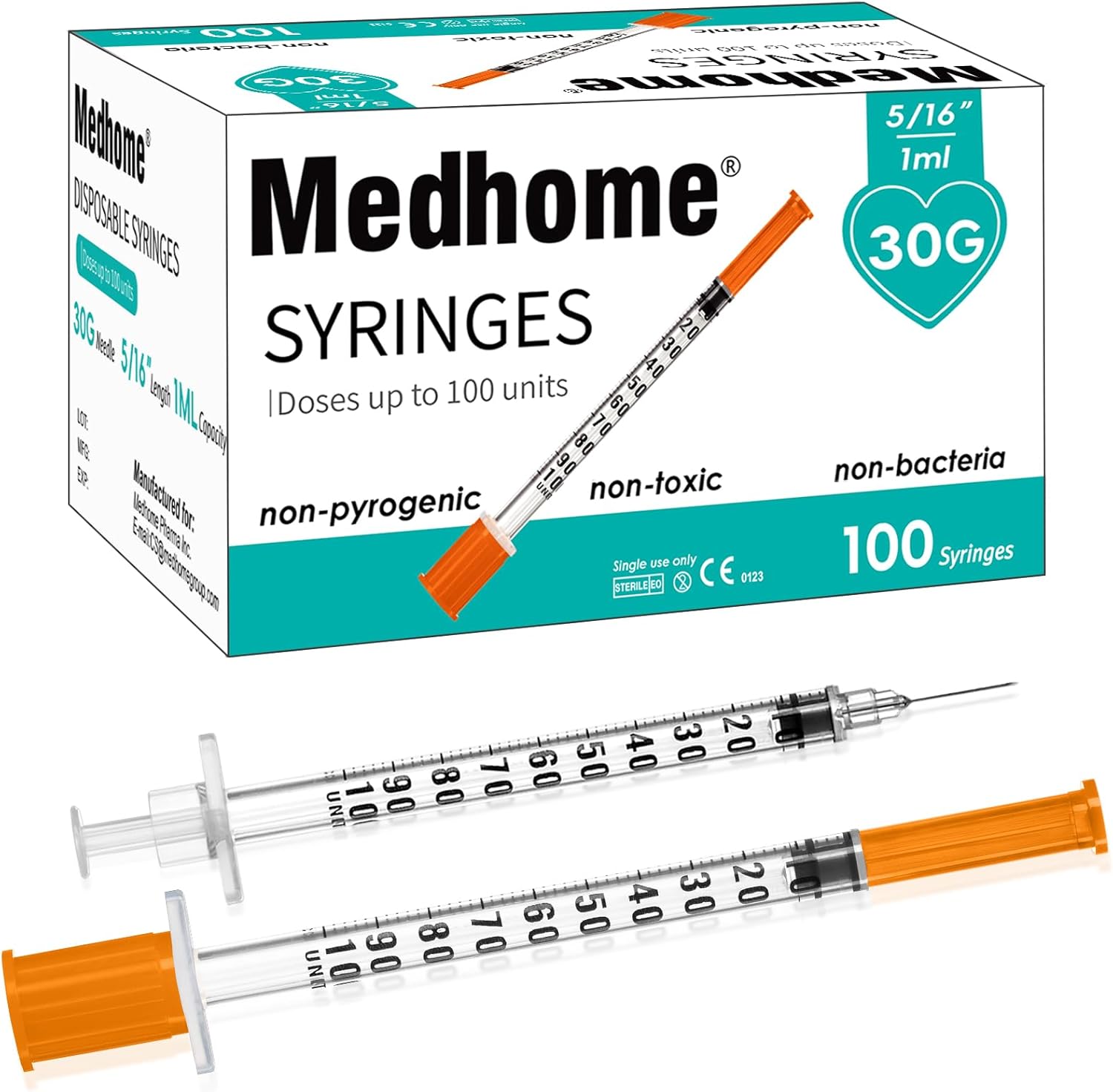 1ml 30G 5/16" (8mm) Syringe, Lab Syringes Individually Wrapped, Pack of 100