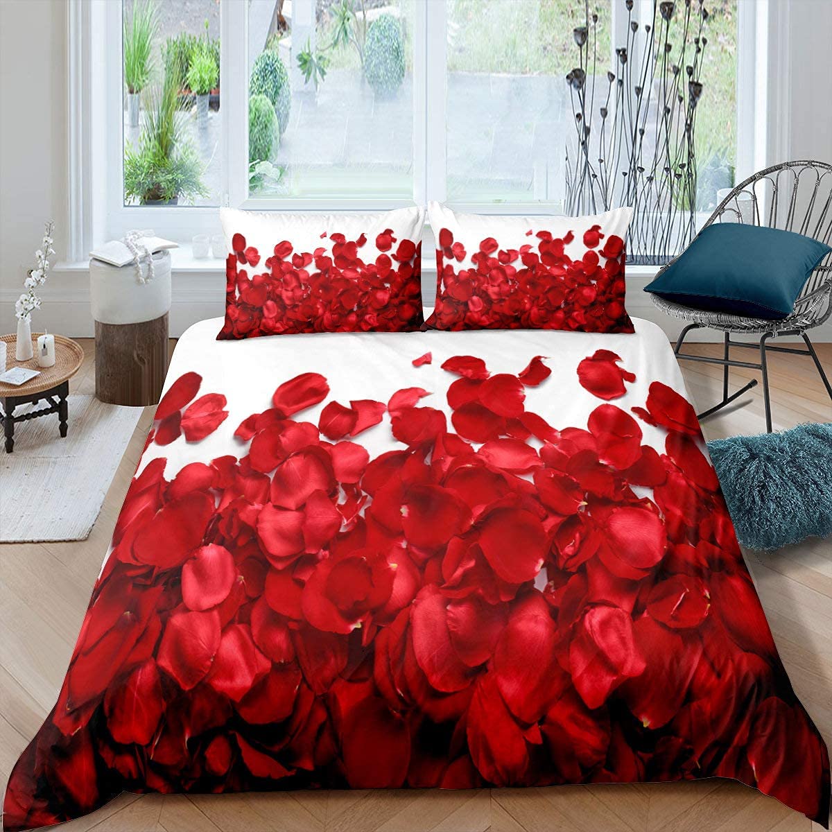Homewish Roter Blumenbettbezug 135x200 Romantisches Thema Paar Trösterbezug Set mit Reißverschlüssen Weiche Mikrofaser Blumenmuster Schlafzimmer Dekor Bettwäsche Set,1 Bettbezug mit 1 Kissenbezug
