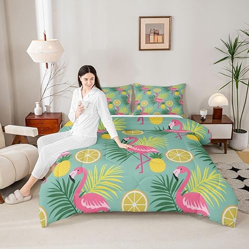 Miniatura 2 de Erisebridal - Juego de edredón de flamenco rosa para niñas, juego de ropa de cama de hojas de palma tropical, relleno de edredón botánico verde,