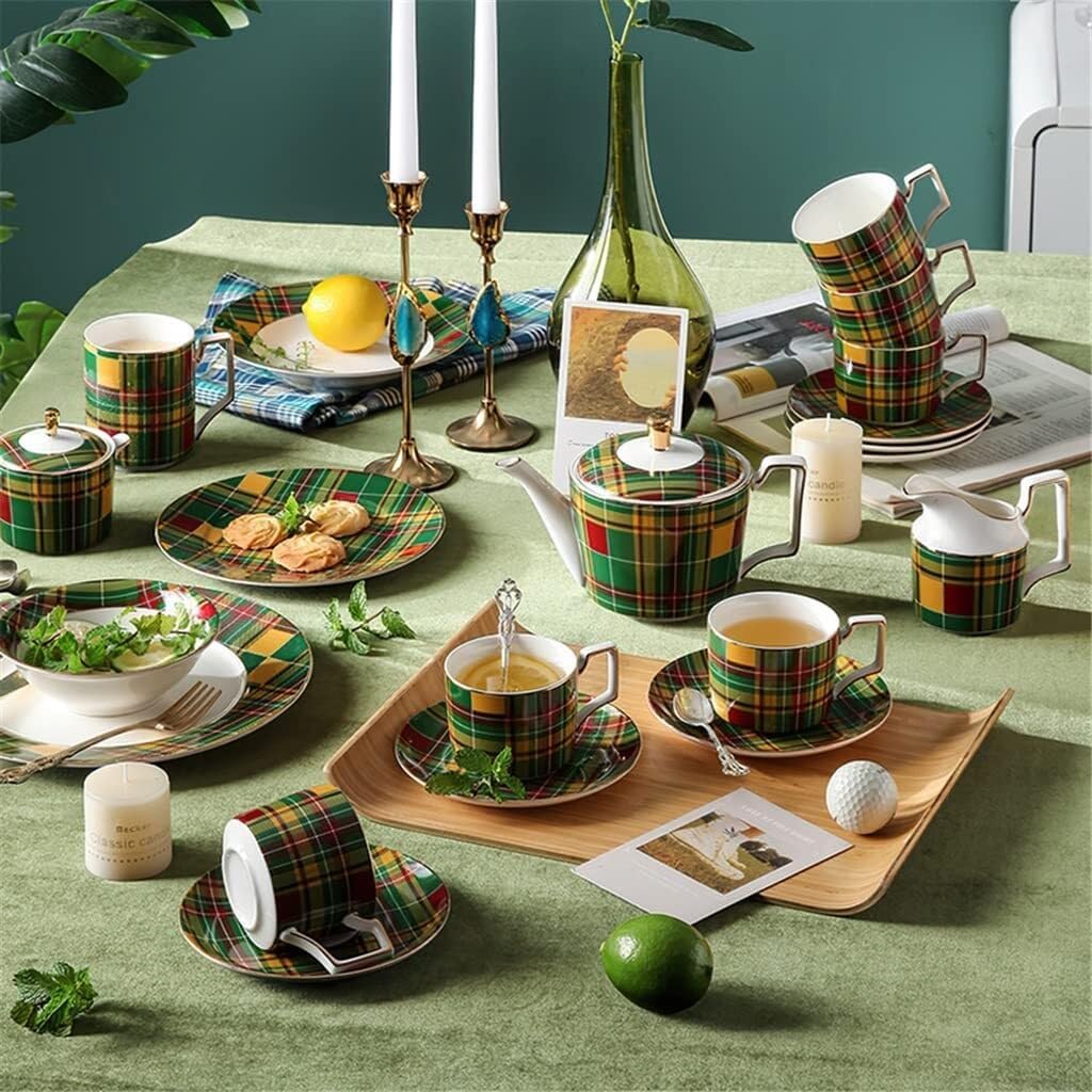 Green Striped Ceramic Coffee and Tea Set with Teapot, Cup, Saucer, Sugar Bowl & Milk Pot – Elegant Afternoon Set