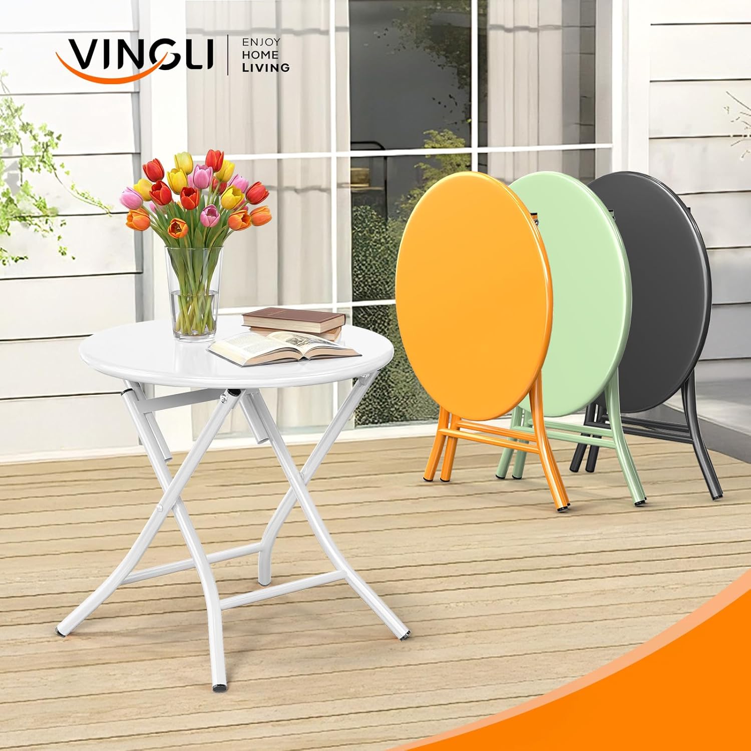 VINGLI Patio Metal Folding Side Table, Portable Small Outdoor Folding Round Table, Perfect for Indoor and Outdoor Spaces Like Balconies, Backyards, Porches, and Patios.White（1 Pack）