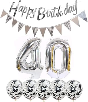 2 Balloons Number 40 + Happy Birthday Garland + Silver Banner foil Balloon 40th Birthday Decoration+5 Confetti Balloons boy Girl 40 Year Birthday Decoration Number Balloon 40balloons 40 Birthday