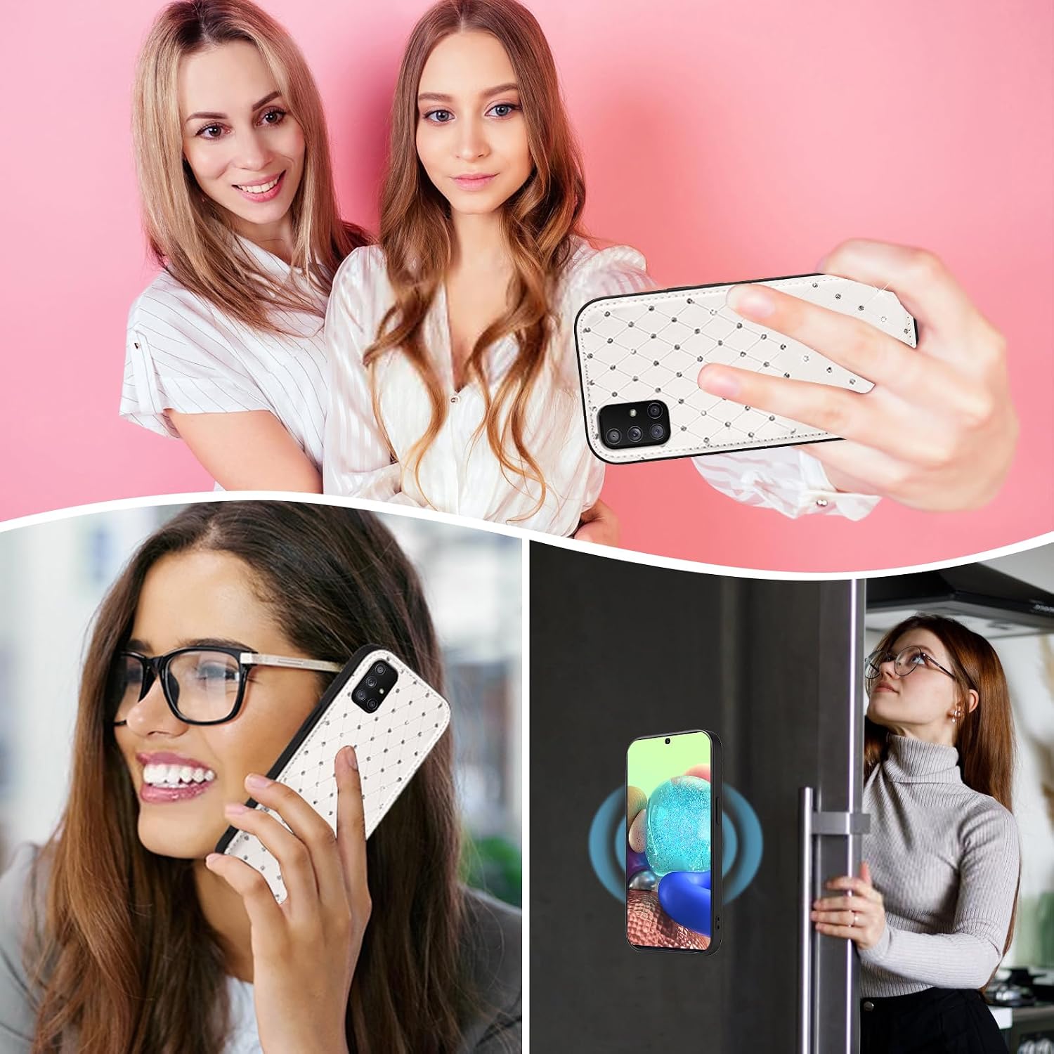 Asuwish Phone Case for Samsung Galaxy A71 5G Zipper Wallet Detachable Magnetic Cell Cover with Tempered Glass Screen Protector Crossbody Strap Bling Flip Credit Card Holder A 71 G5 71A S71 Women White