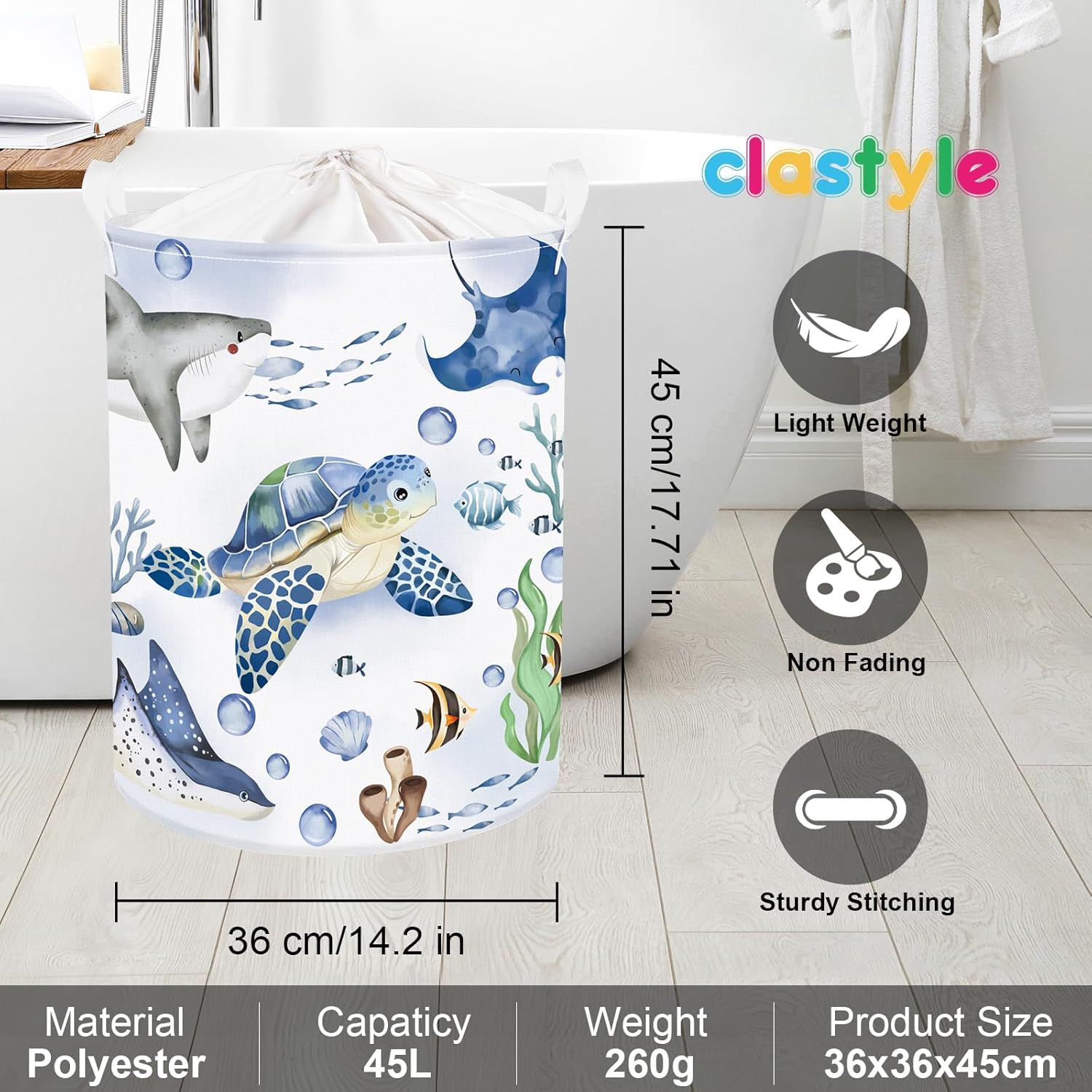 Clastyle Fish Sea Turtle Baby Basket Ocean Coral Seaweed Starfish Toy Book Shelf Basket Waterproof Pool Toy Beach Towel Storage Bin Large Dirty Clothes Laundry Hamper, Shark, 36 * 45 cm