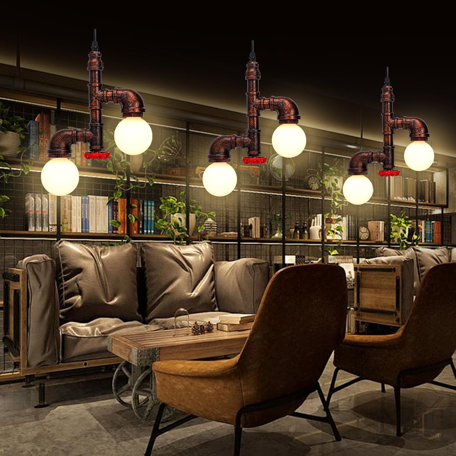 Kawell Vintage Pendant Light Fixtures Industrial Retro Ceiling Chandelier Creative Water Pipe Hanging Light Fixtures Art Deco Iron E26 60W Max for Bedroom Cafe Bar Restaurant Kitchen, Rust Color