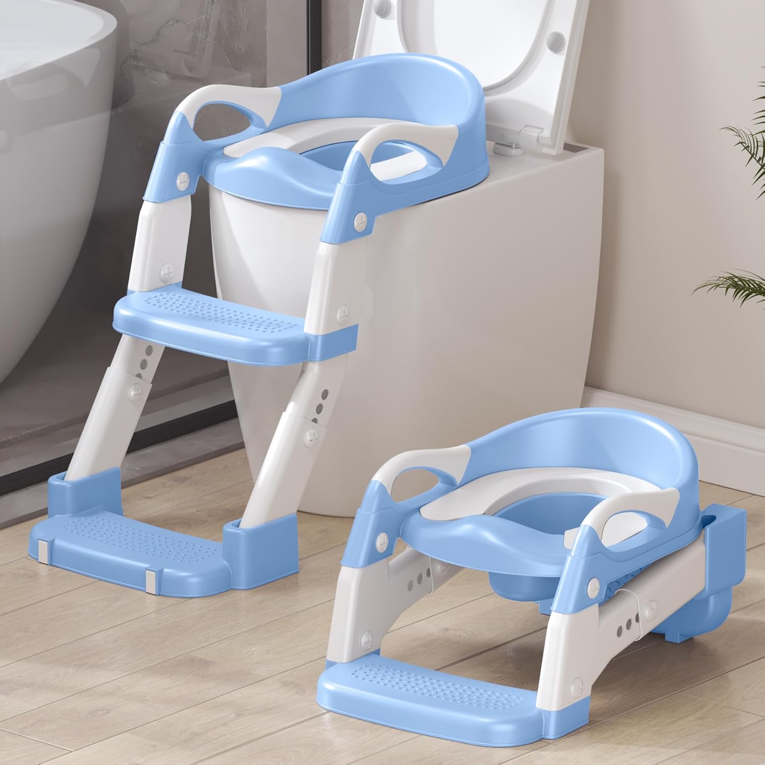 2-in-1 Toddler Potty Training Toilet Seat with Step Stool Ladder – Adjustable Height Potty Chair Urinal for Baby Boys Girls Age 1-3, Foldable Training Potty with Splash Guard & Anti-Slip Feet (Blue)