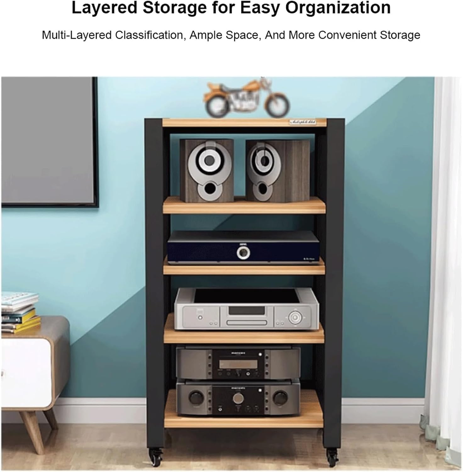 Audio Rack Adjustable Stereo Rack Audio Equipment Movabled Rack Audio Open Rack Cabinet Wooden HiFi Rack Audio-Video Shelving with Wheels(Brown,3 Tier)