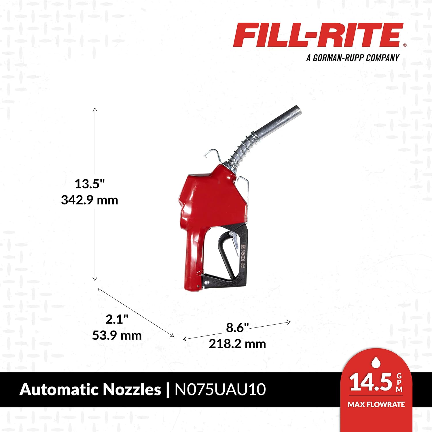 Fill-Rite N075UAU103/4"" Auto Nozzle w/HookUnleaded GasolineRed 2.5-14.5 GPMEnd of Delivery Hose - 1 Each