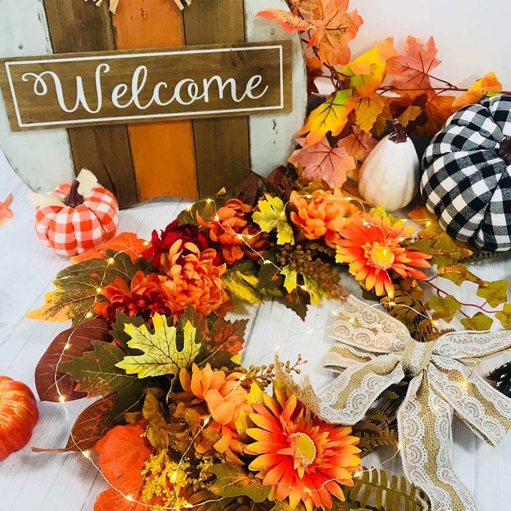 FUNARTY 17.7 Inches Fall Wreath Autumn Daisy Wreath for Harvest Season Thanksgiving Party Wedding Halloween Festival Décor