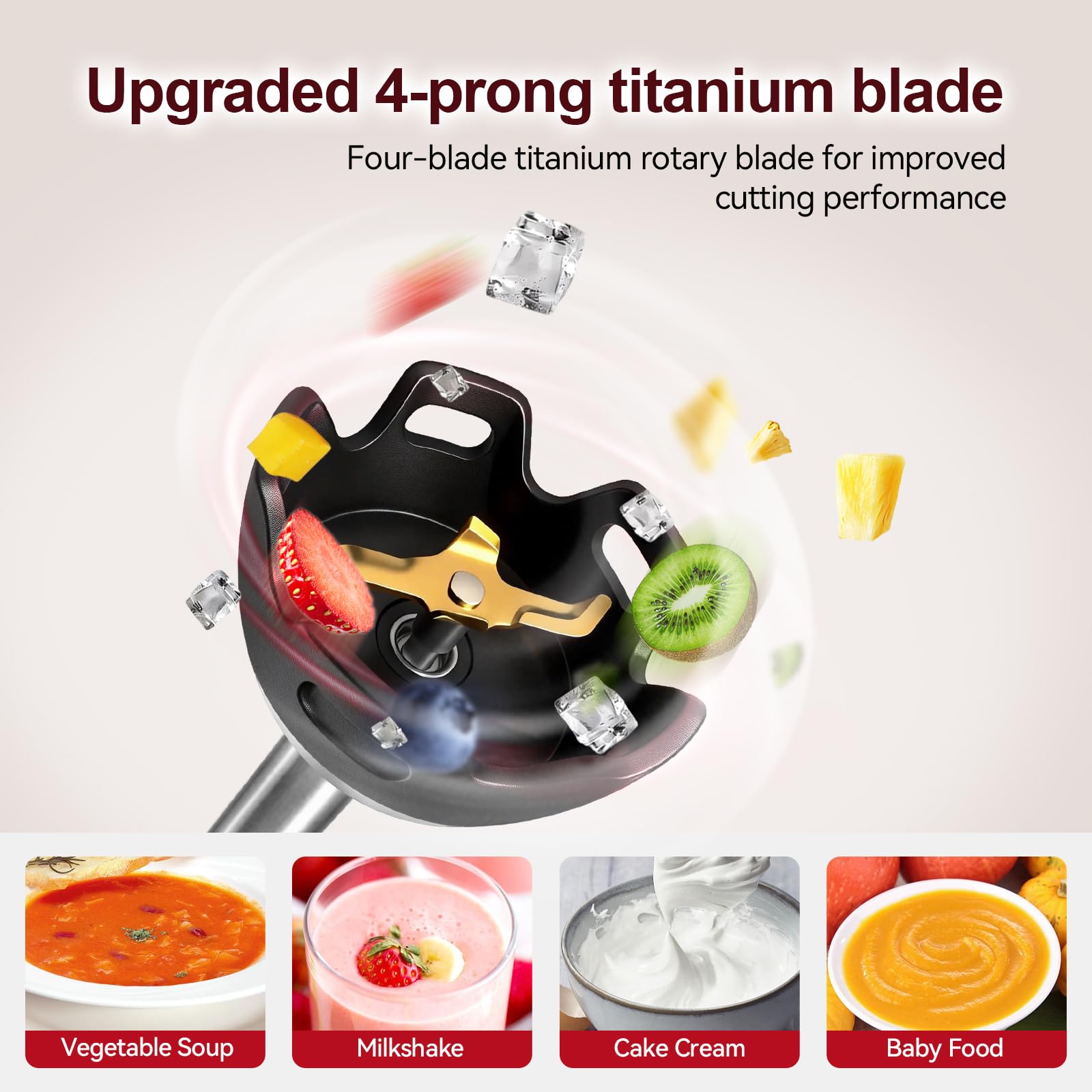 1500W Mixeur Plongeant 4 en 1 à Vitesse Variable et Démarrage Progressif | 4 Lames Plaquées en Titane, Mixer Plongeur avec Fouet, Hachoir et Verre Doseur de 700 ml pour Bébés de Soupes et de Sauces