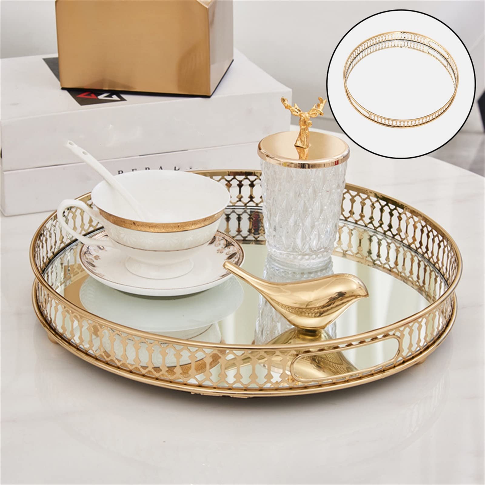 Bandeja redonda de metal para tocador con espejo y cristal, bandeja de desayuno decorativa para maquillaje, joyas y perfumes, elegante decoración del hogar