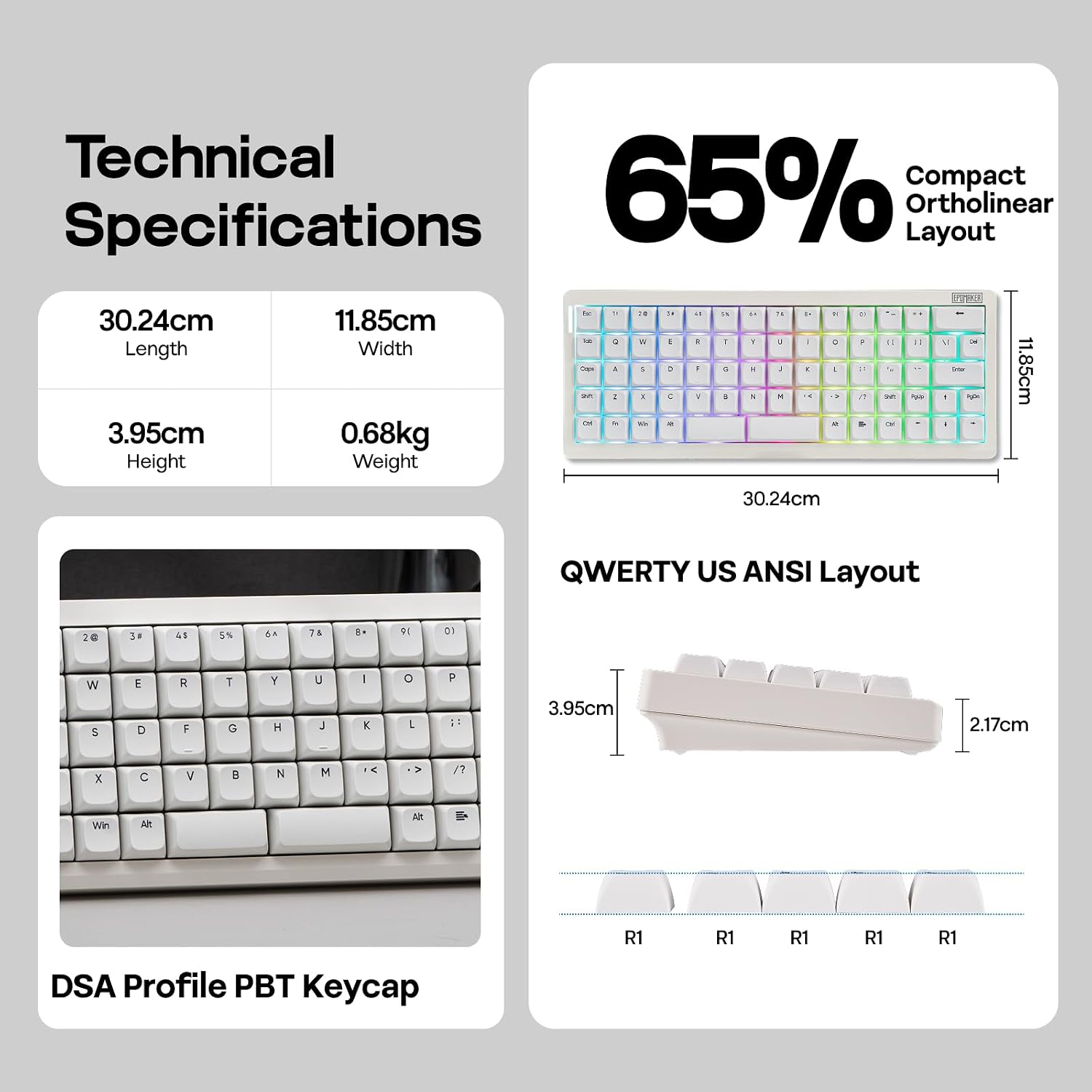 EPOMAKER Hack70 Planck Mechanical Keyboard with VIA Custom, 2.4Ghz/BT/Wired | Hot-Swap, RGB, Dye-Sub PBT Keycap, 65% Ortholinear Layout Wireless Gaming Keyboard for Mac/Win