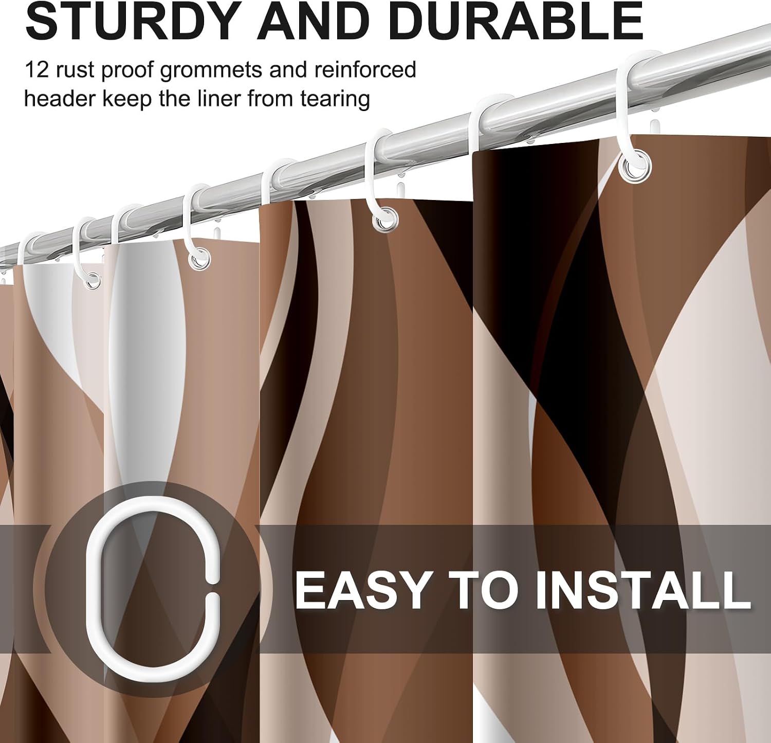 4PCS Brown Shower Curtain Set 72x72 Inch with Hooks, Modern Abstract Brown and Grey Striped Bathroom Decor, Waterproof Polyester Fabric