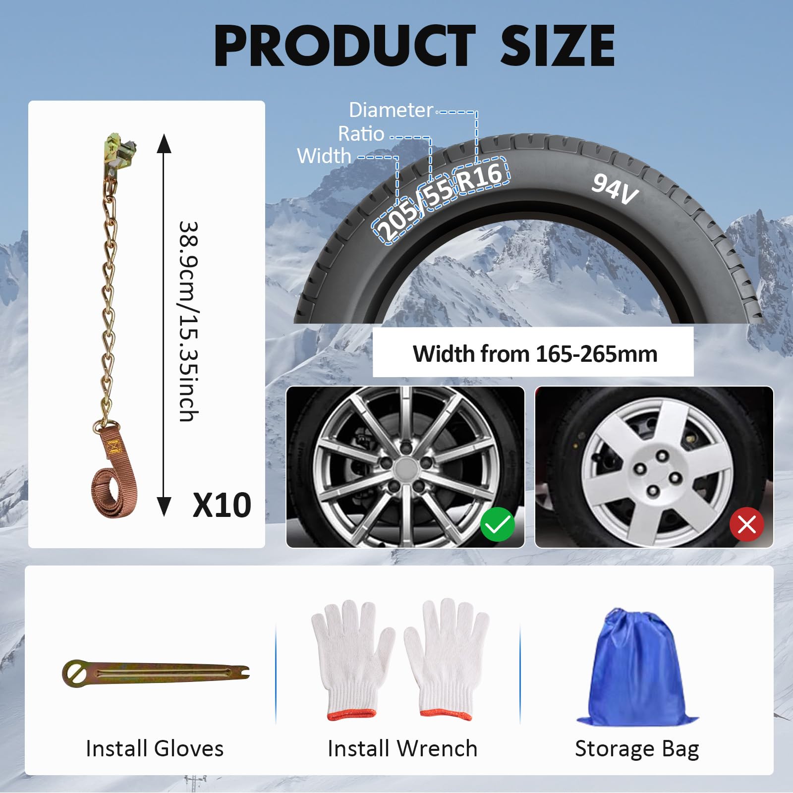 Cadenas Coche Nieve, Cadenas de Nieve para Coche 10 Piezas, Cadenas Nieve Universales Emergencia para Vehículos Coches SUV Tamaño del Neumático 165-265 mm, Snow Chains - Máximo Agarre y Montaje Fácil