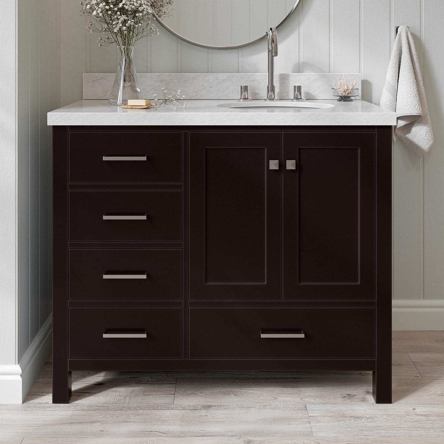 ARIEL Cambridge 42-inch Bathroom Vanity with Sink,Solid Wood, 1.5-inch Italian Carrara Marble Countertop & Backsplash, Single Oval Porcelain Sink, 2 Soft Closing Doors, 5 Dovetail Drawers, Espresso