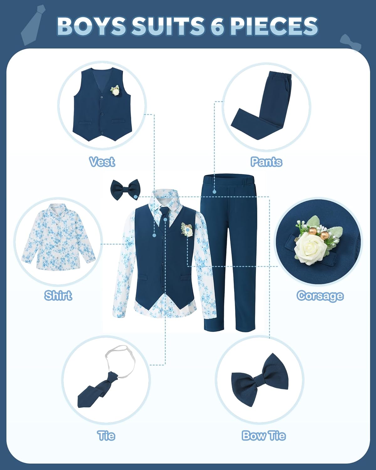 SANMIO Toddler Boys Suits Clothes Dress Boys Gentleman Wedding Suit Outfits 6-Piece Vest Pants Set for 2-12 Years