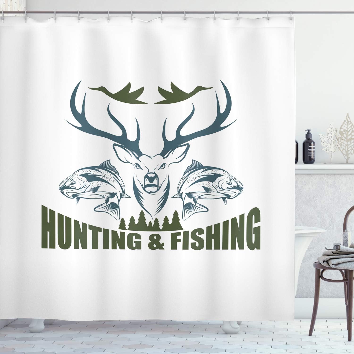 Ambesonne Hunting Shower Curtain, Animals Emblem Moose Head Horns Trout Salmon Sea Fishes, Cloth Fabric Bathroom Decor Set with Hooks, 69" W x 70" L, Olive Green Slate Blue