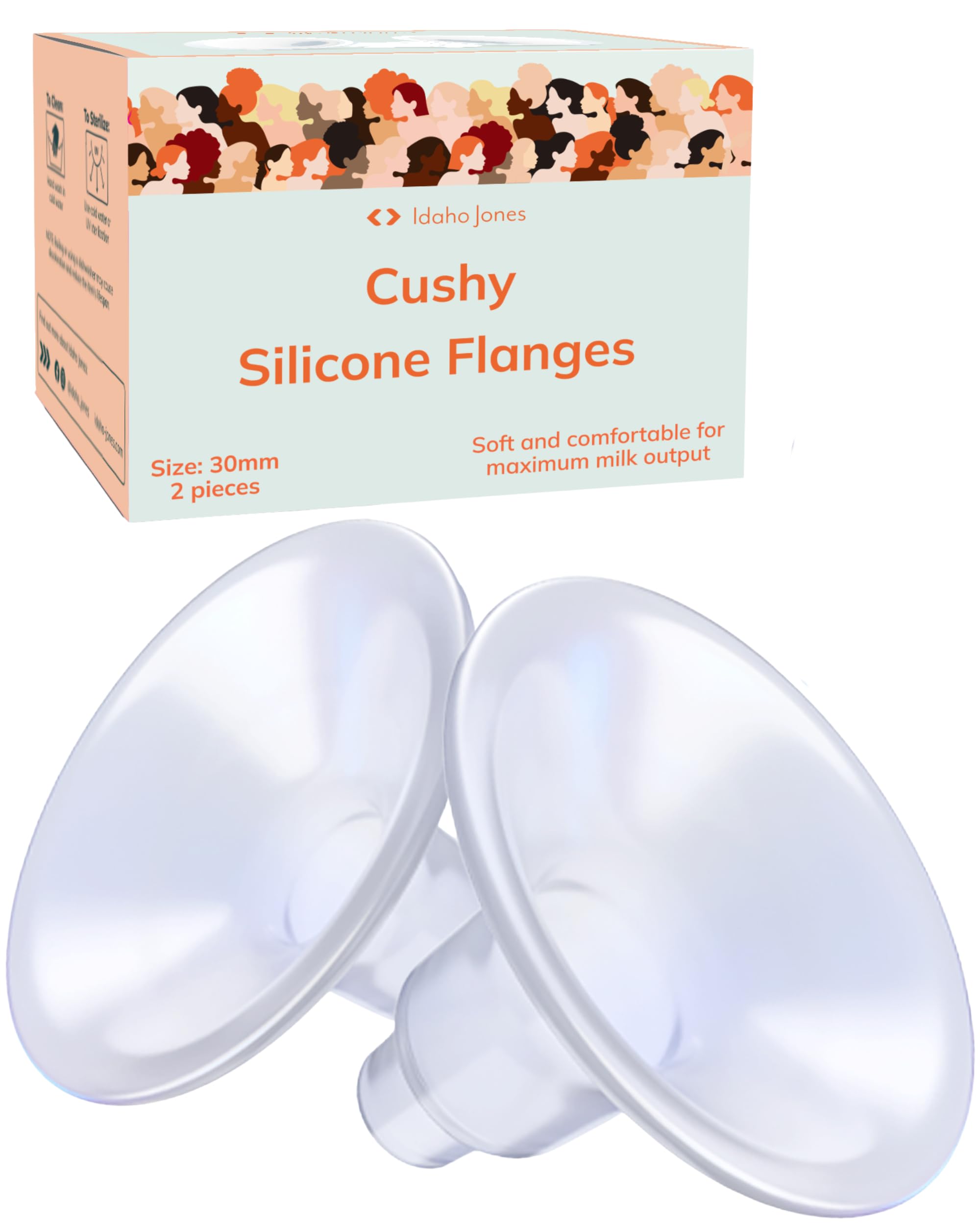 Cushy Silicone Breast Pump Flanges, Breast Shields - 30mm (2 Pack) - Replacement Pump Parts - IBCLC Recommended - Ideal for Elastic Nipples - Fits Medela, Lansinoh - Spectra, Motif Needs Adapter