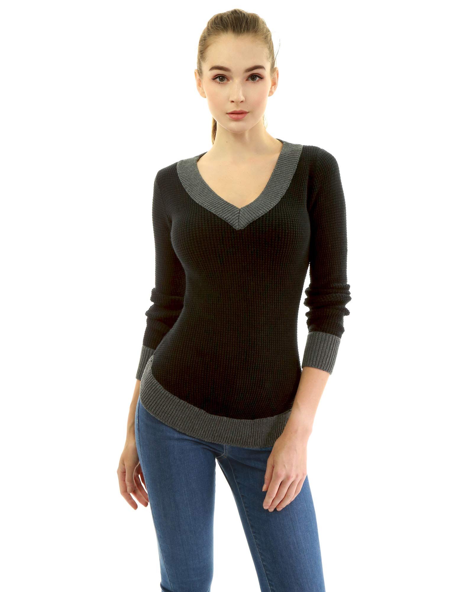 Am lieBoutik Women Cotton Blend V Neck Color Block Long Sleeve Curve Hem Sweater