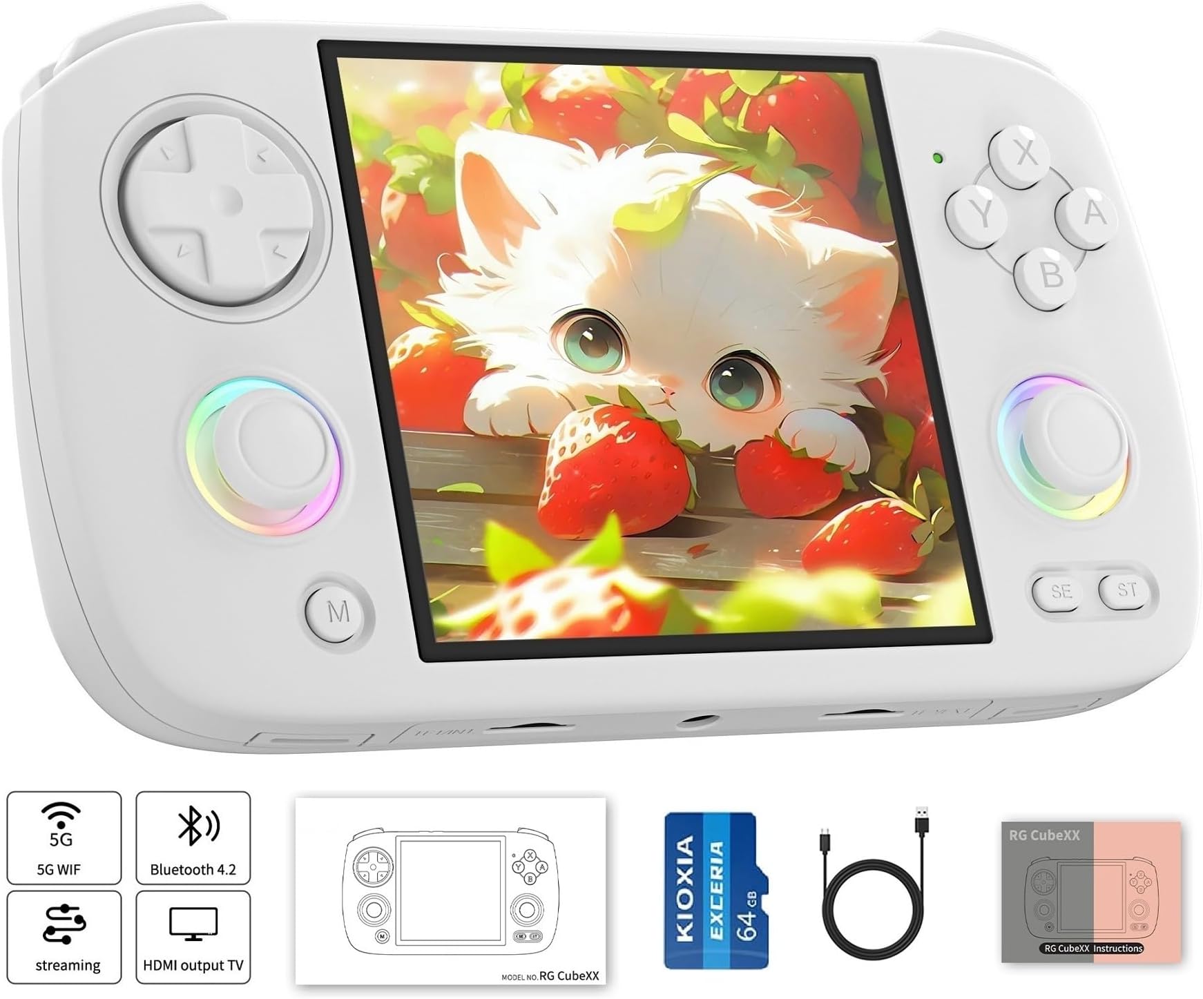 Anbernic RG CubeXX Retro Handheld Game Console ,RGCubeXX 3.95 Inch IPS Screen Linux System Built-in 64G TF Card 5056 Games Support TV Output 5G WiFi Bluetooth 4.2(White)