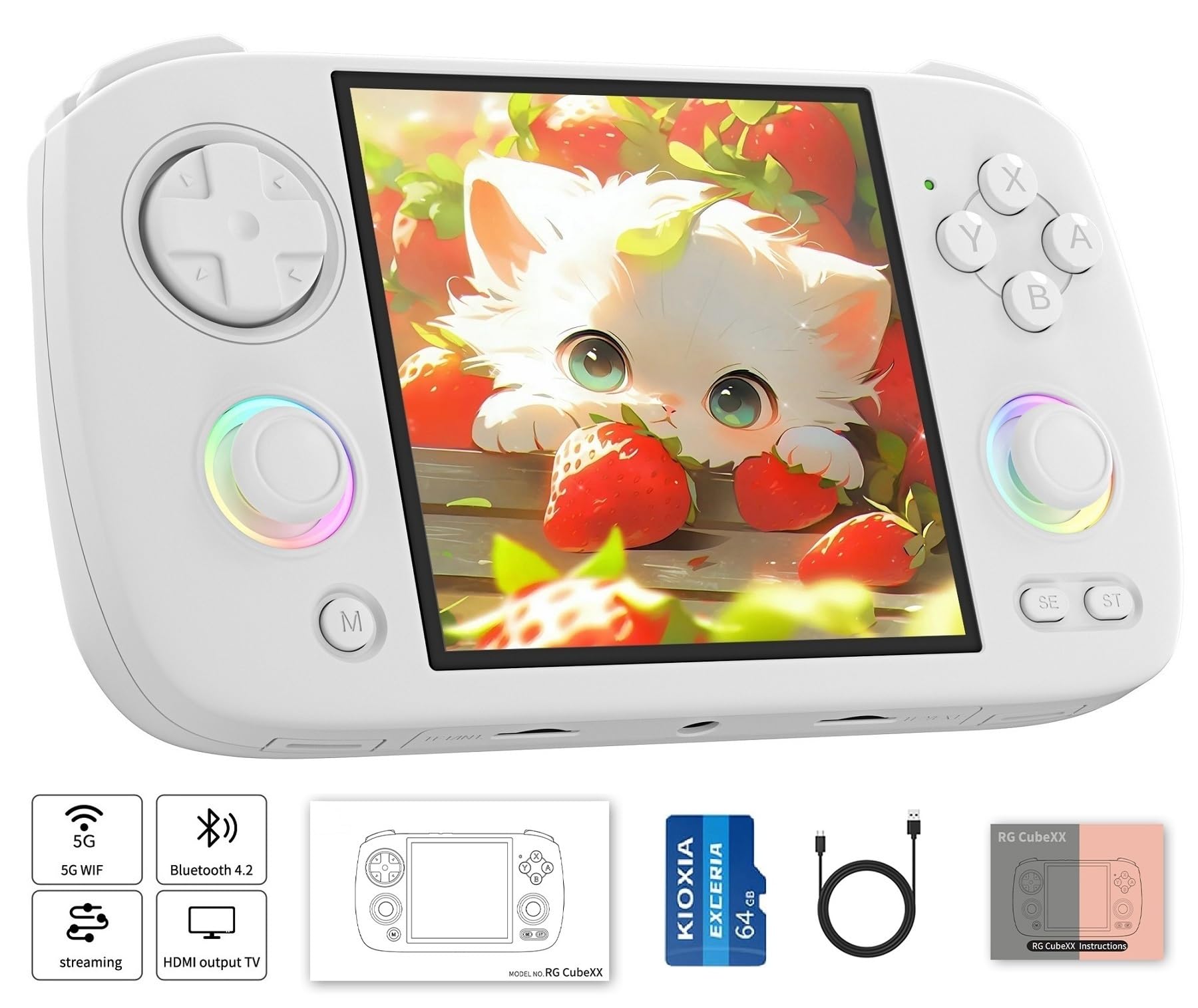 RG CubeXX Retro-Handheld-Spielkonsole, 9,5 cm IPS-Bildschirm, Linux-System, integrierte 64 G TF-Karte, unterstützt TV-Ausgang (weiß)